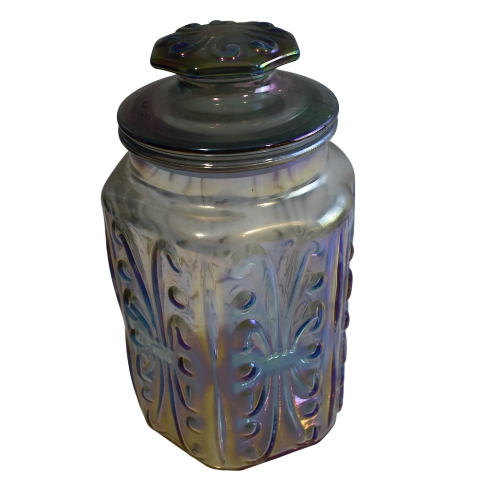 Vintage Carnival Glass Canister Jar Blue Iridescent Oil Slick Embossed Scroll EX